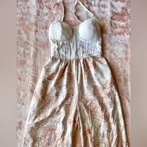 pretty one piece pant jumper wide leg dress pant paisley girly beige with pocket